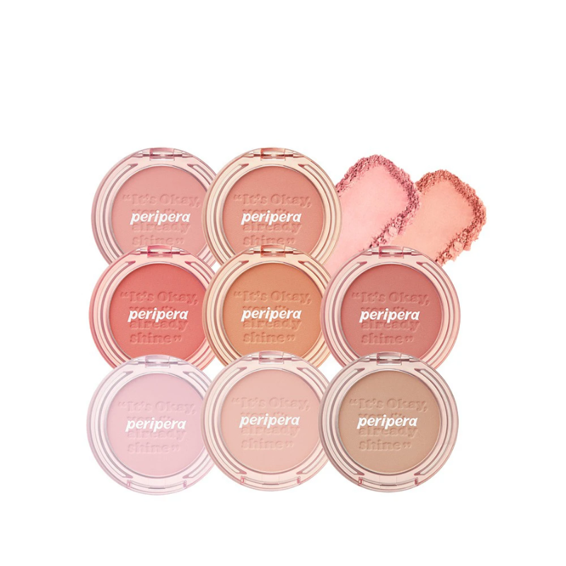 Bảng màu đa dạng của Peripera Pure Blushed Sunshine Cheek với các tông như 07 Sunshine Coral, 16 Peach Puree, 18 Milk Tea Rose, và 19 Softly Brown